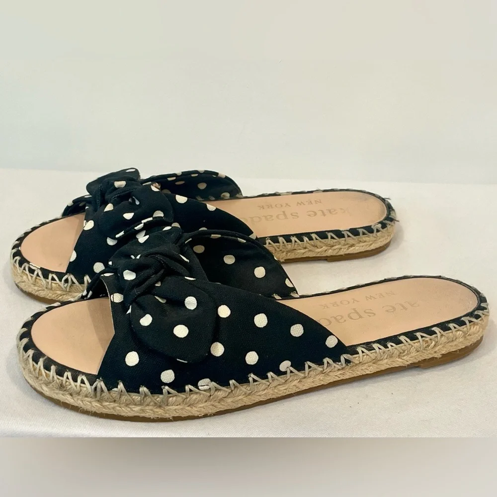Kate Spade Espadrille Slides, Polka Dot Cotton, bows, 7, EUC